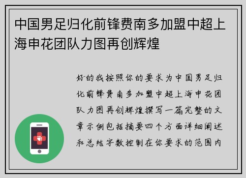 中国男足归化前锋费南多加盟中超上海申花团队力图再创辉煌 中国男足归化前锋费南多加盟中超上海申花团队力图再创辉煌